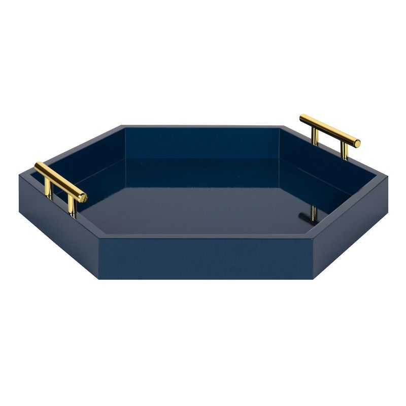 Navy Blue Rectangular Wood Accent Tray with Metal Handles