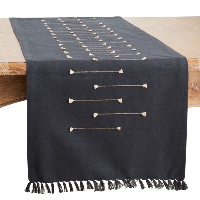 Black Cotton Fringe Line Design Table Runner