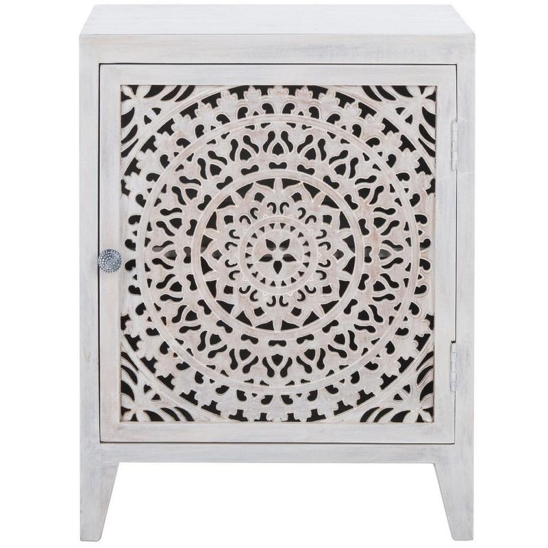 Thea White Washed Carved Wood 1-Door Nightstand