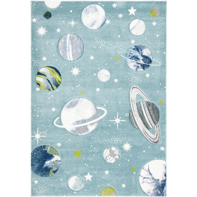 Teal and Ivory Round Kids Planet Rug, 5'3" x 7'6", Synthetic