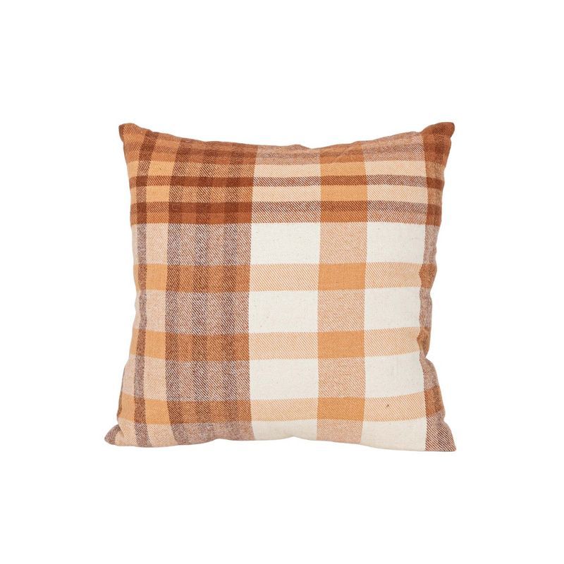 14x14 Inch Rust and Beige Plaid Cotton Throw Pillow