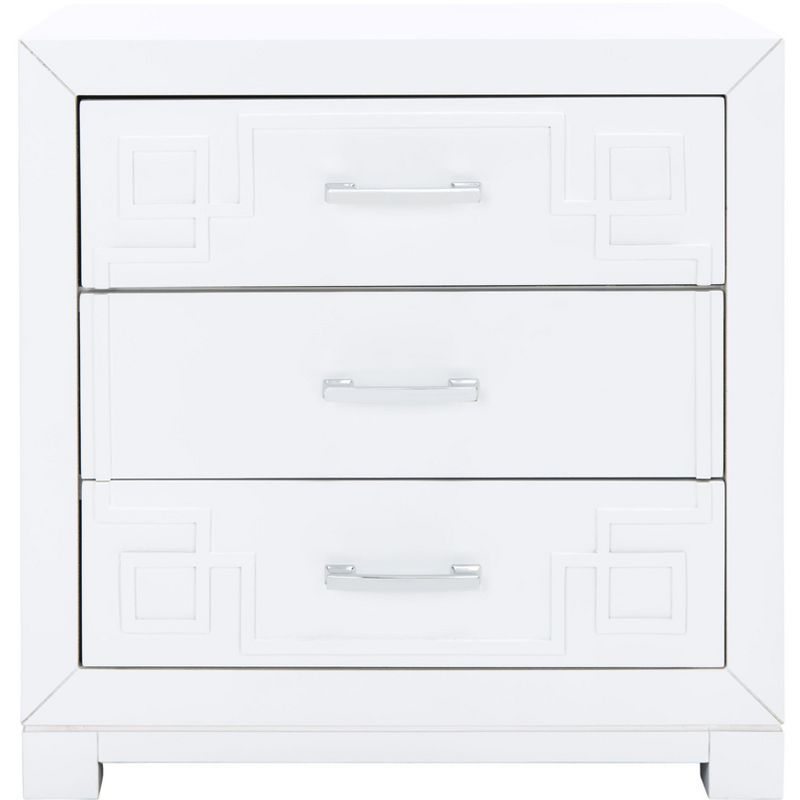 White and Silver Rubberwood 3-Drawer Nightstand with Greek Key Pattern