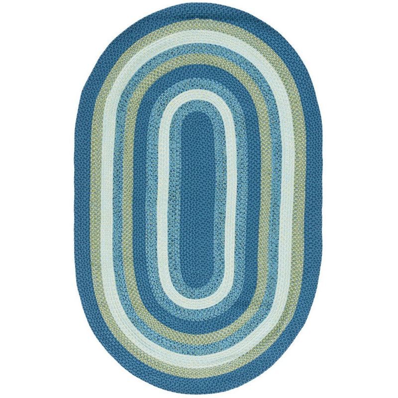 Aqua and Green Oval Braided Synthetic Area Rug 5' x 8'