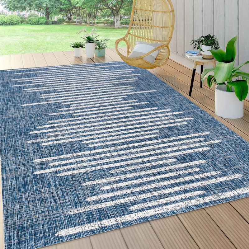 Bohemian Blue Stripe Synthetic 4' x 6' Reversible Area Rug