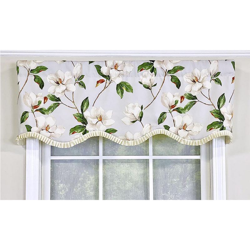 Gray Magnolia Print Scalloped Window Valance with Rod Pocket