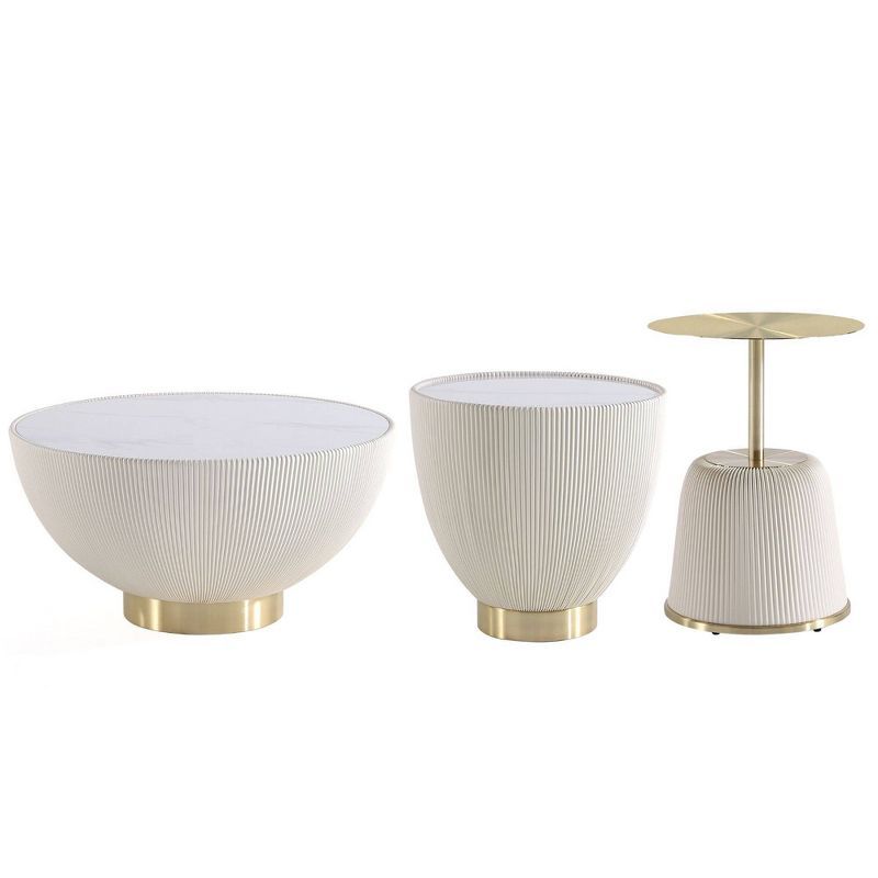 Cream and Gold Leatherette Upholstered Accent Table Set of Three