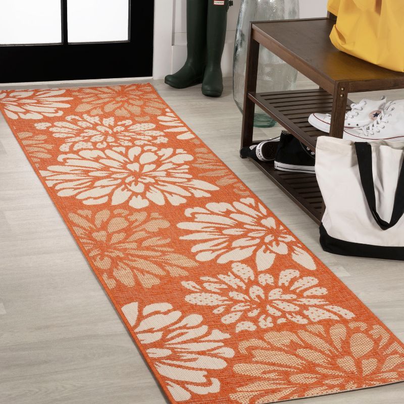 Zinnia Floral Orange and Cream Synthetic Runner Rug