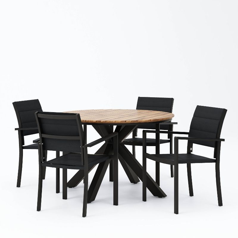 5-Piece Black Mesh and Acacia Wood Round Outdoor Dining Set