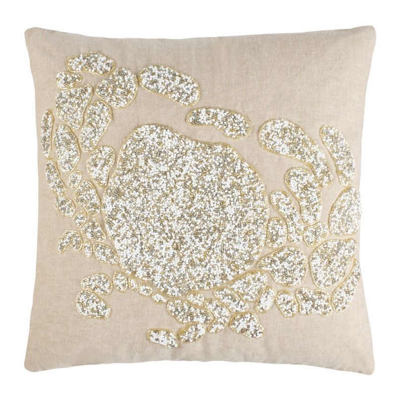 Beige Cotton Glitter Embellished Square Throw Pillow