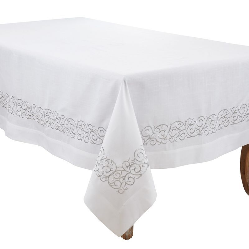 White Embroidered Scroll Tablecloth with Silver Border