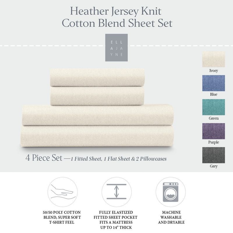 Ivory Heather Jersey Knit Cotton Blend Queen Sheet Set