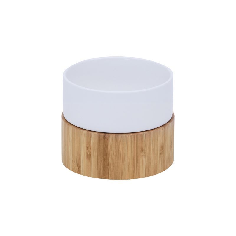 Billie Elevated White Ceramic Pet Bowl with Bamboo Stand