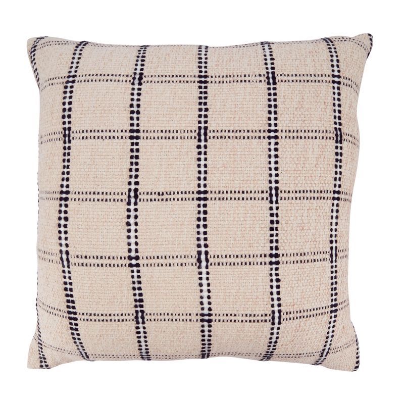Beige and Black Checkered Square Throw Pillow with Fringe