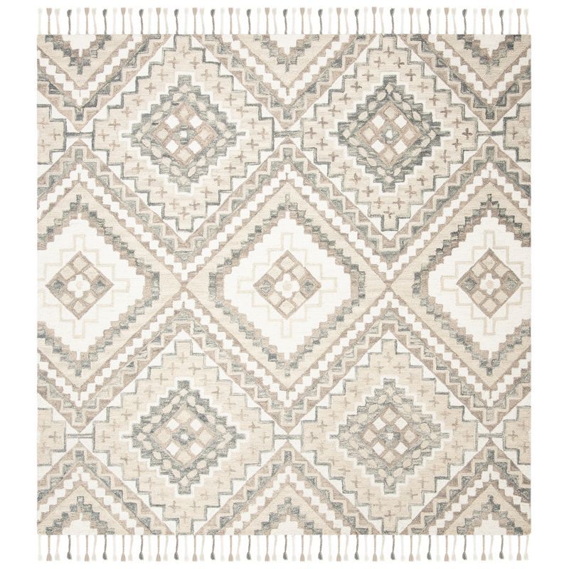 Ivory Geometric Tufted Wool 5' Square Area Rug