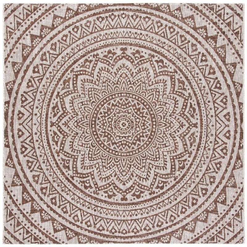 Light Beige & Brown Easy-Care Synthetic Square Rug - 5'3" x 5'3"