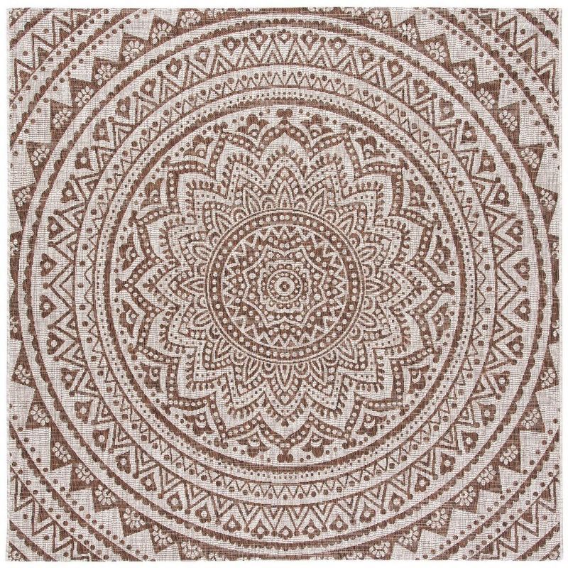 Reversible Easy-Care Courtyard 4' x 4' Square Area Rug in Light Beige and Brown