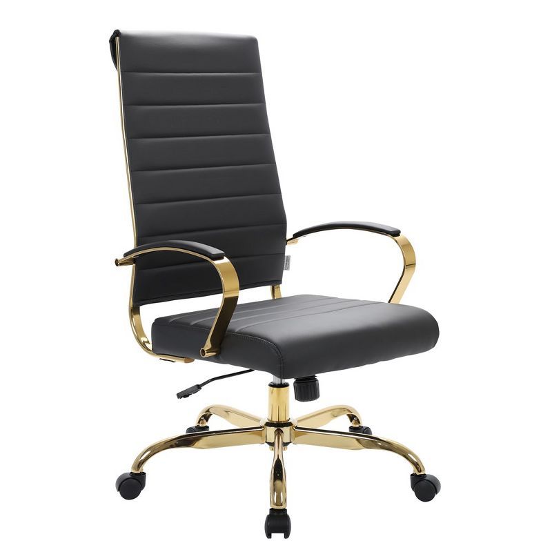 Black Leather High-Back Ergonomic Swivel Office Chair with Gold Frame