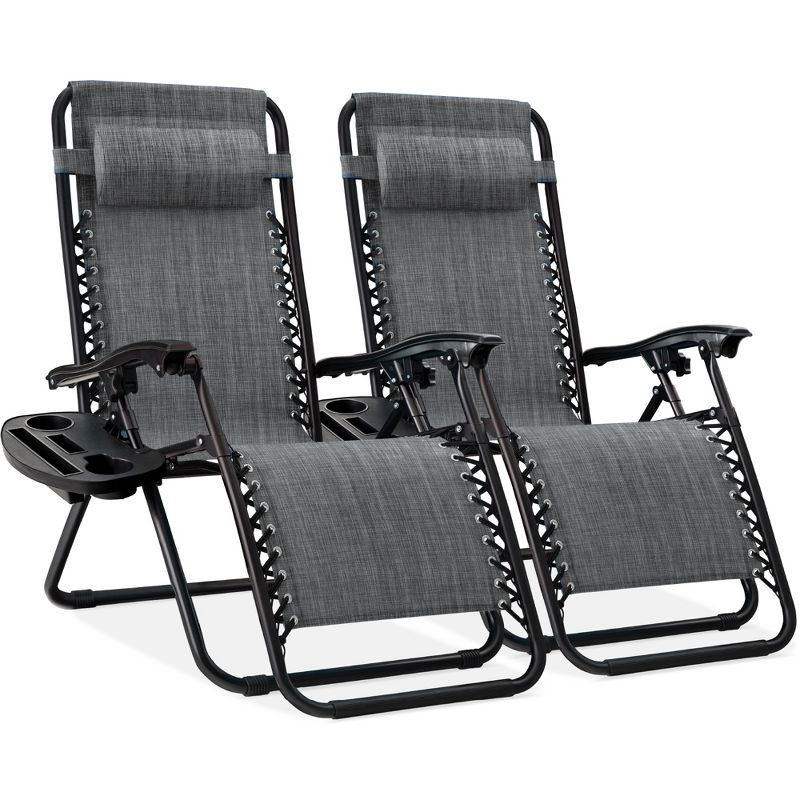 Set of 2 Gray Zero Gravity Patio Loungers with Cup Holder Trays