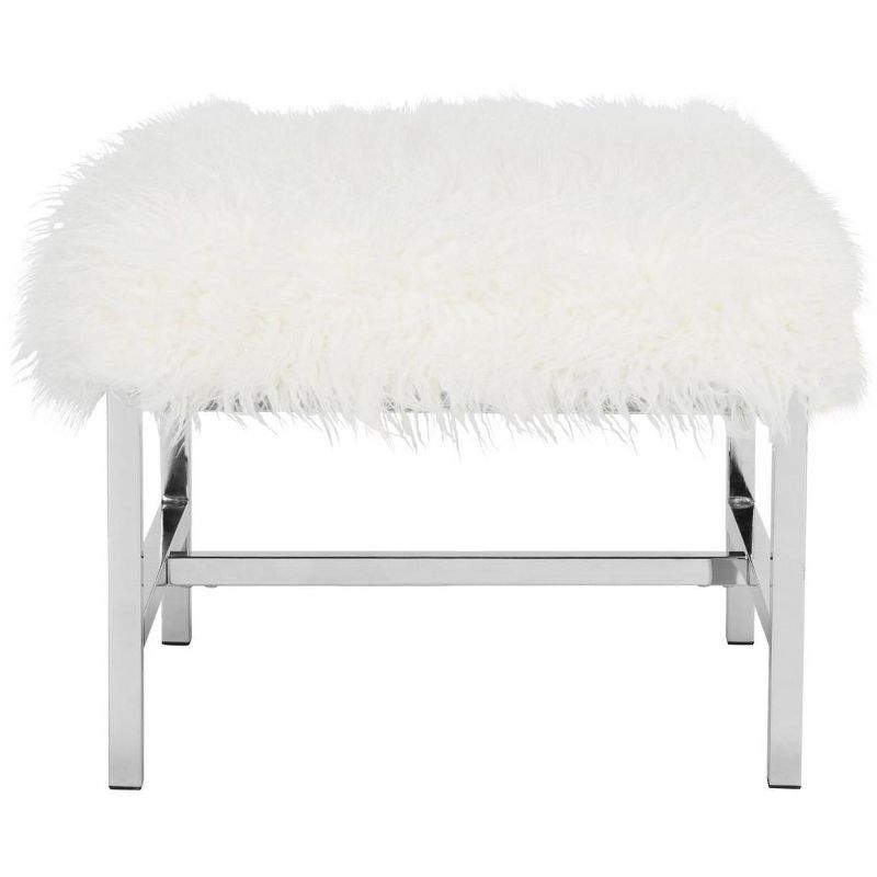 White Faux Sheepskin and Chrome Square Ottoman