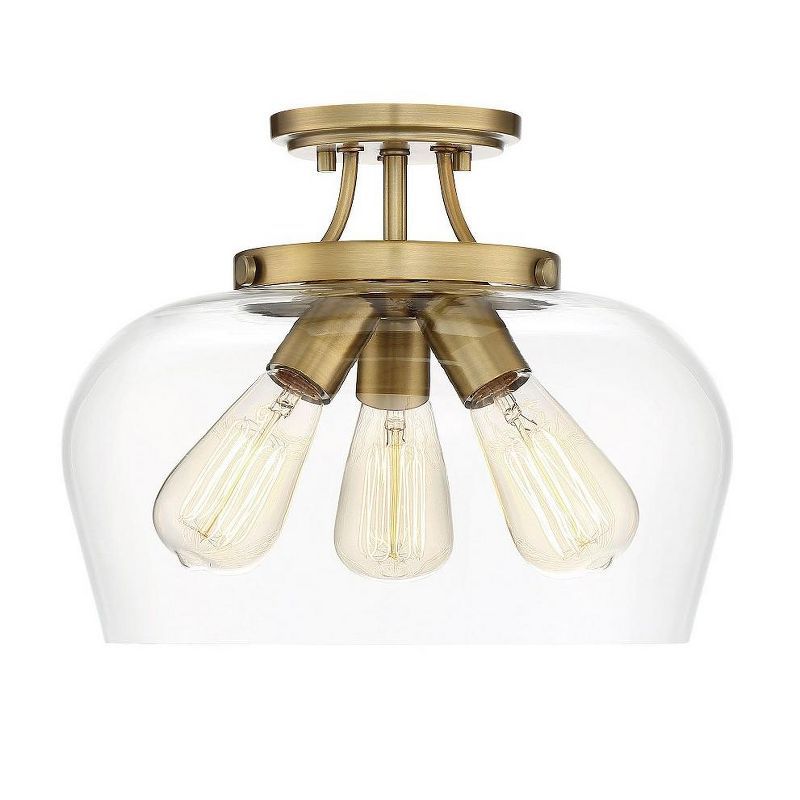 Elegant Warm Brass 3-Light Semi-Flush Mount with Curved Glass Shade