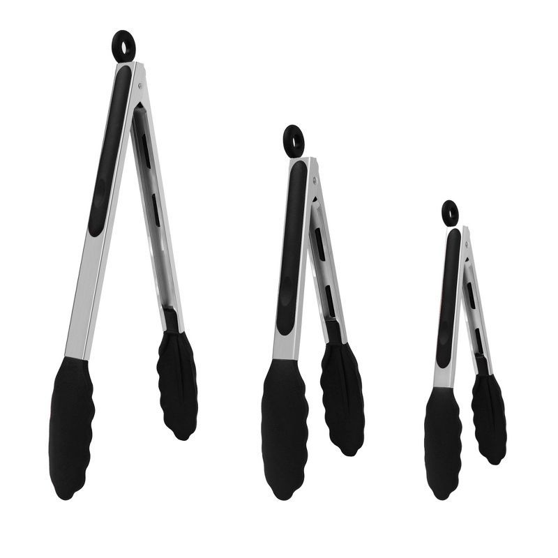 Black Stainless Steel and Silicone Kitchen Tongs Set, 3-Piece