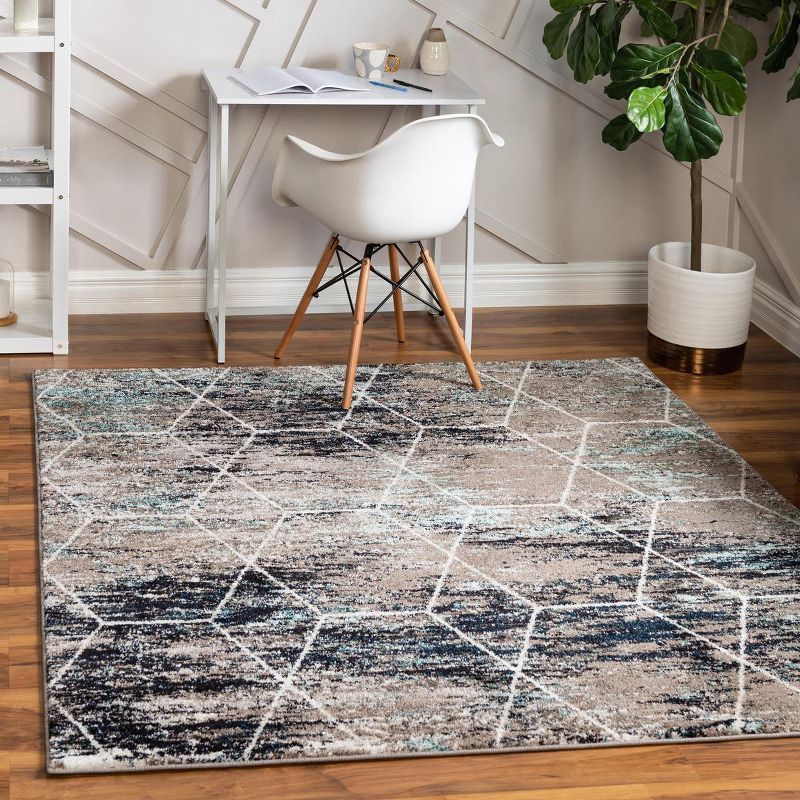 Beige and Blue Square Trellis Synthetic Area Rug