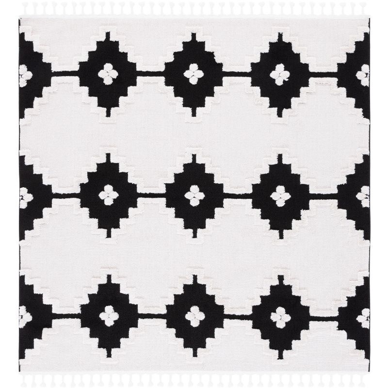 Ivory and Anthracite Square Hand-Knotted Wool Rug