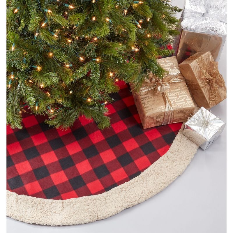 Classic Red and Black Buffalo Plaid Tree Skirt with Sherpa Trim