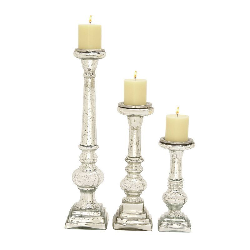 Elegant Silver Glass Candle Lantern Set of 3 - 11" Height