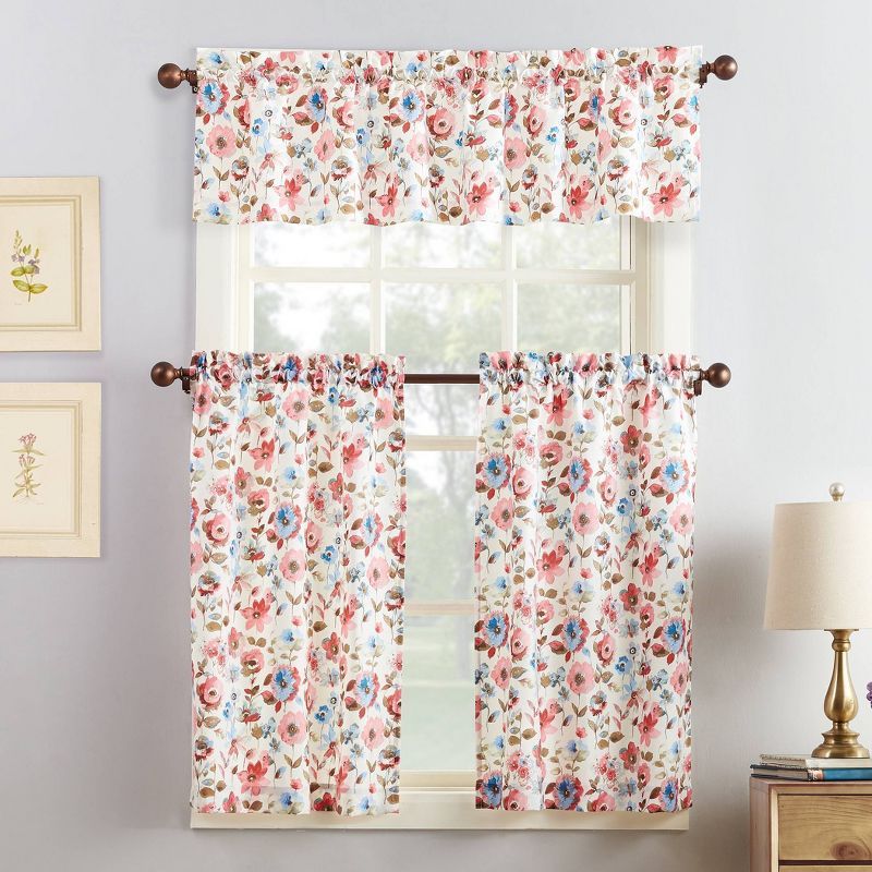 54" x 36" Blue Floral Polyester Kitchen Curtain Set