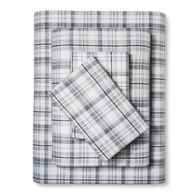 Gray King Cotton Flannel Plaid Sheet Set