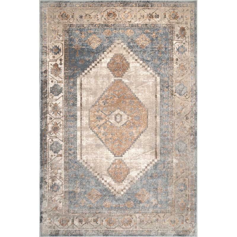 Vintage Beige and Blue Synthetic Rectangular Area Rug