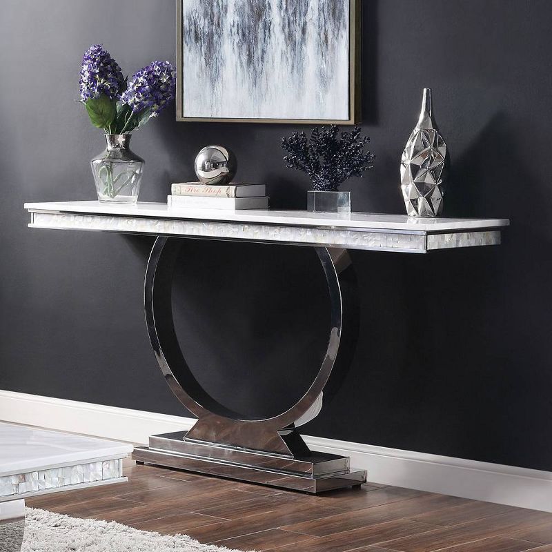 65'' Zander Modern Glamour Sofa Table with White Faux Marble and Mirrored Silver Finish