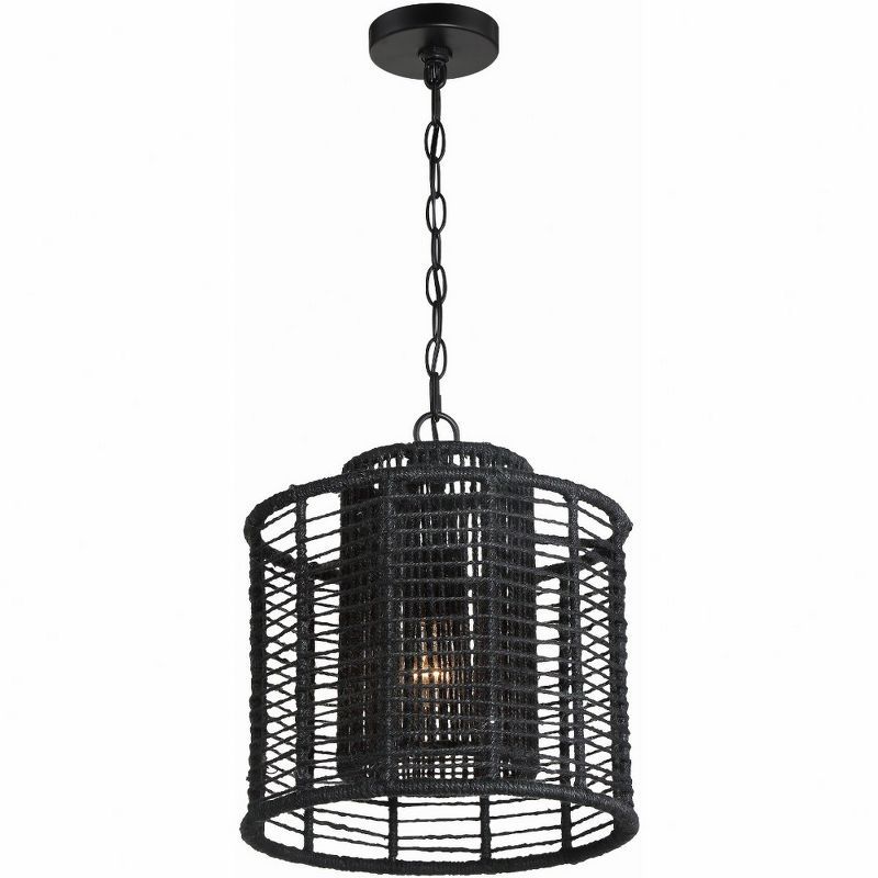 Matte Black Crystal Drum Pendant with Filigree Detail