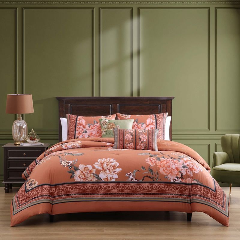 Rossana Terracotta Floral Cotton King Reversible Comforter Set