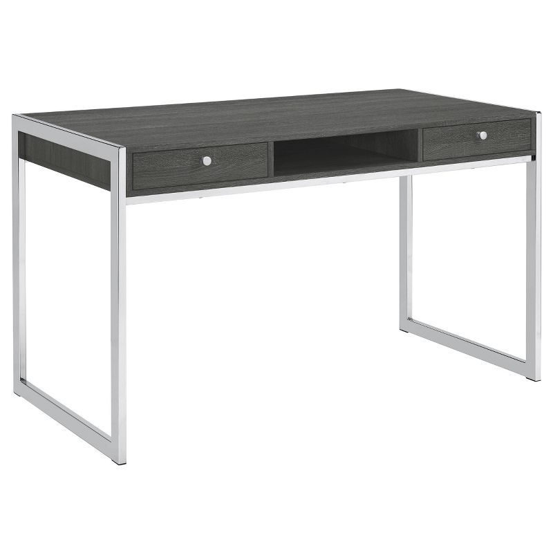 Weathered Gray Contemporary Home Office Desk with Chrome Accents and Dual Drawers