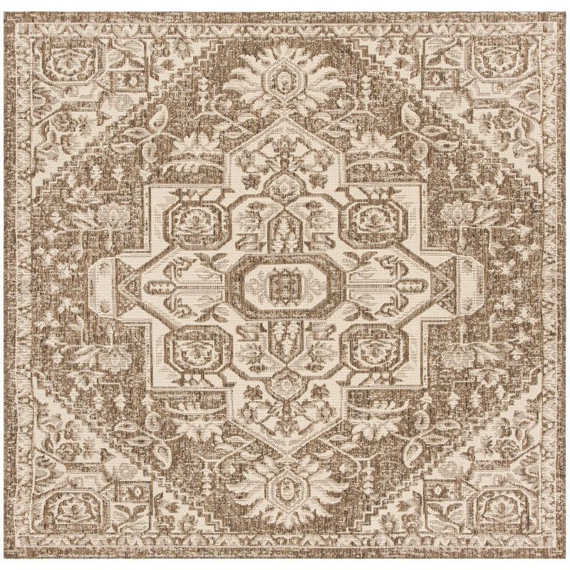Cream Beige Geometric Square Indoor Outdoor Rug 6'7"