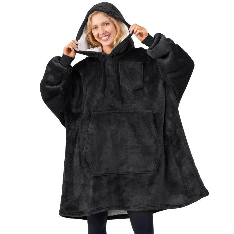 Black Oversized Sherpa Fleece Hooded Wearable Blanket