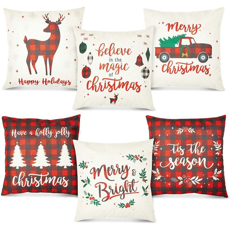 Festive Red Plaid Christmas Polyester Pillow Covers Set