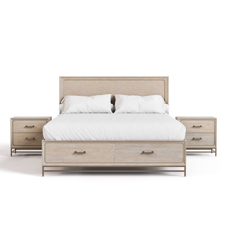 Oak King Platform Bed with Storage and Two Nightstands