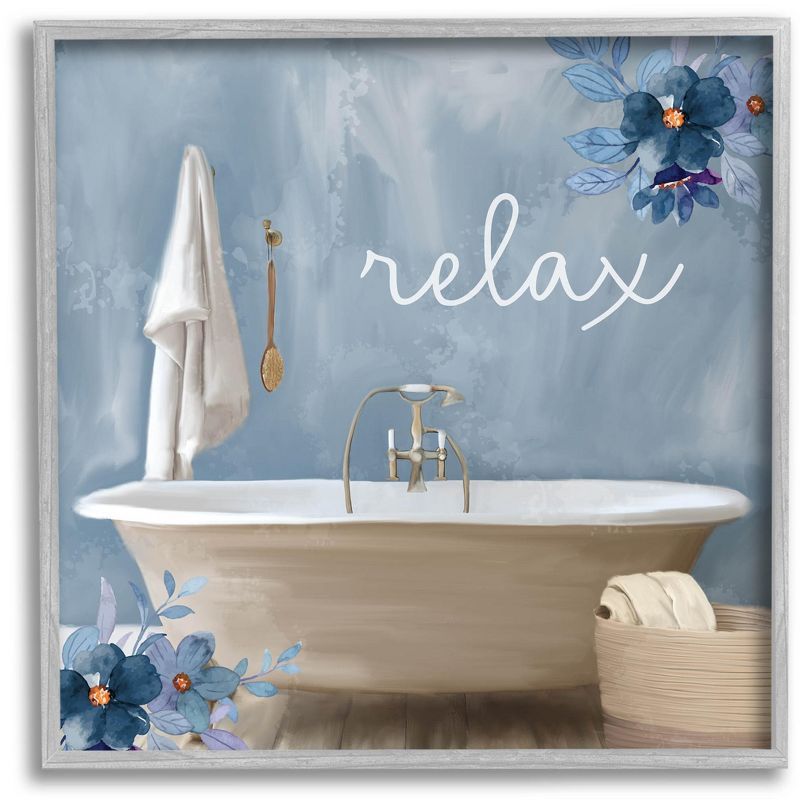 Blue Floral Relax Bathroom Scene 17'' x 17'' Canvas Print with Gray Frame