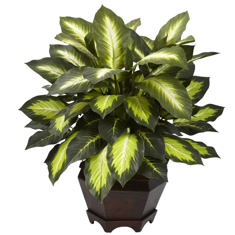 Compact Golden Leaf Dieffenbachia Silk Plant with Traditional Wooden Vase