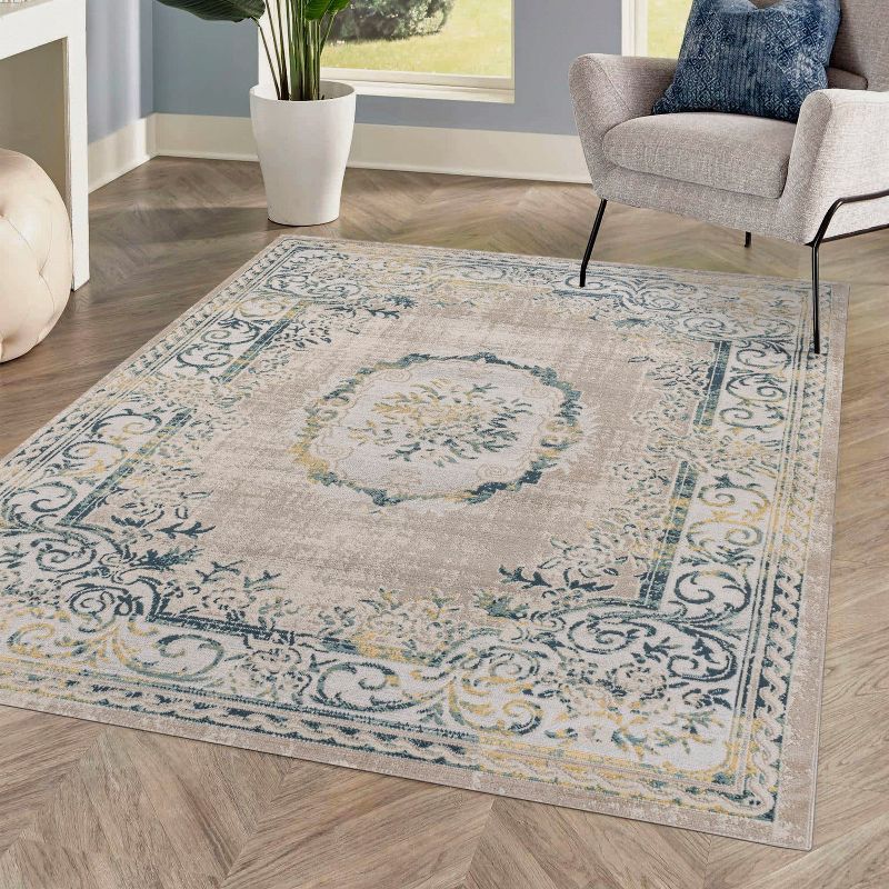 Navy and Ivory Medallion Synthetic Easy-Care Area Rug