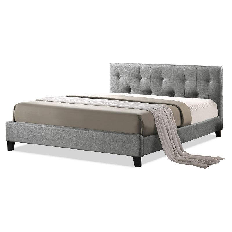 Queen Gray Linen Upholstered Platform Bed with Tufted Headboard