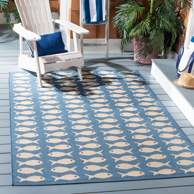 Courtyard Blue Beige 5'3" Square Synthetic Easy-Care Area Rug