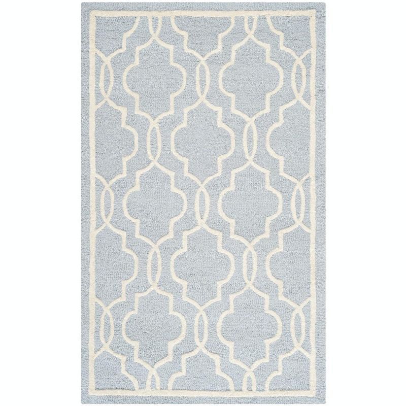 Light Blue and Ivory Wool Geometric Runner Rug