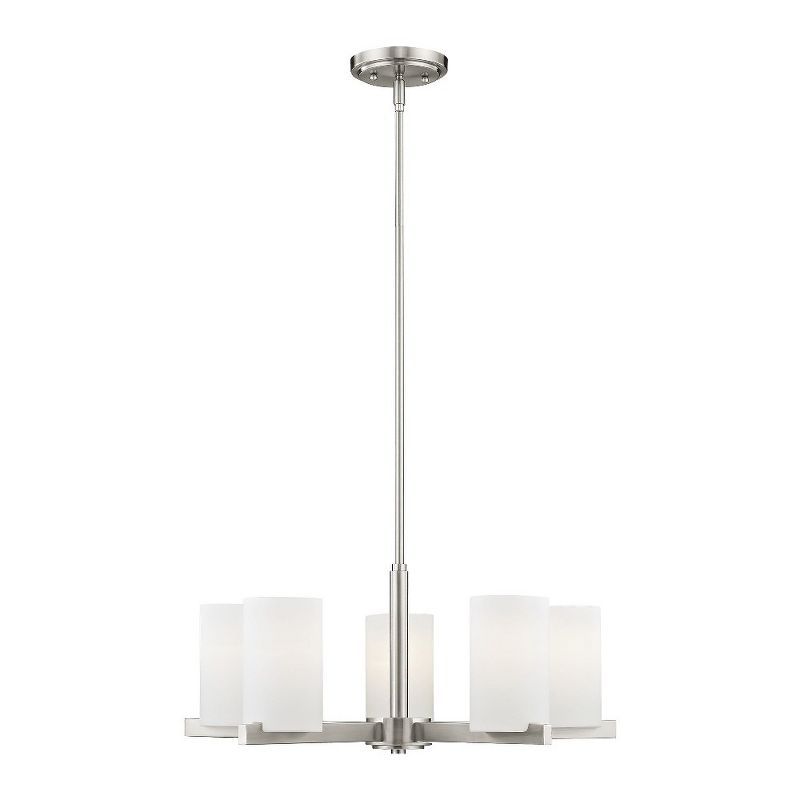 Astoria Minimalist 5-Light Chandelier in Brushed Nickel with Satin Opal Shades