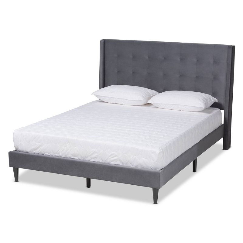 Gothard Modern Grey Velvet & Dark Brown Wood Queen Platform Bed