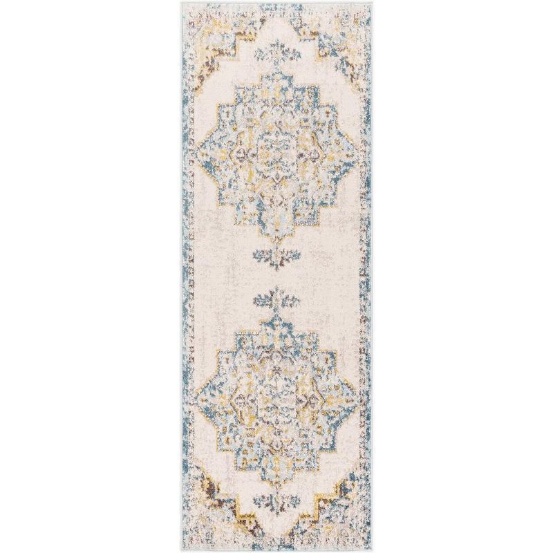 Sky Blue and Beige Synthetic Runner Rug 2'7" x 7'3"