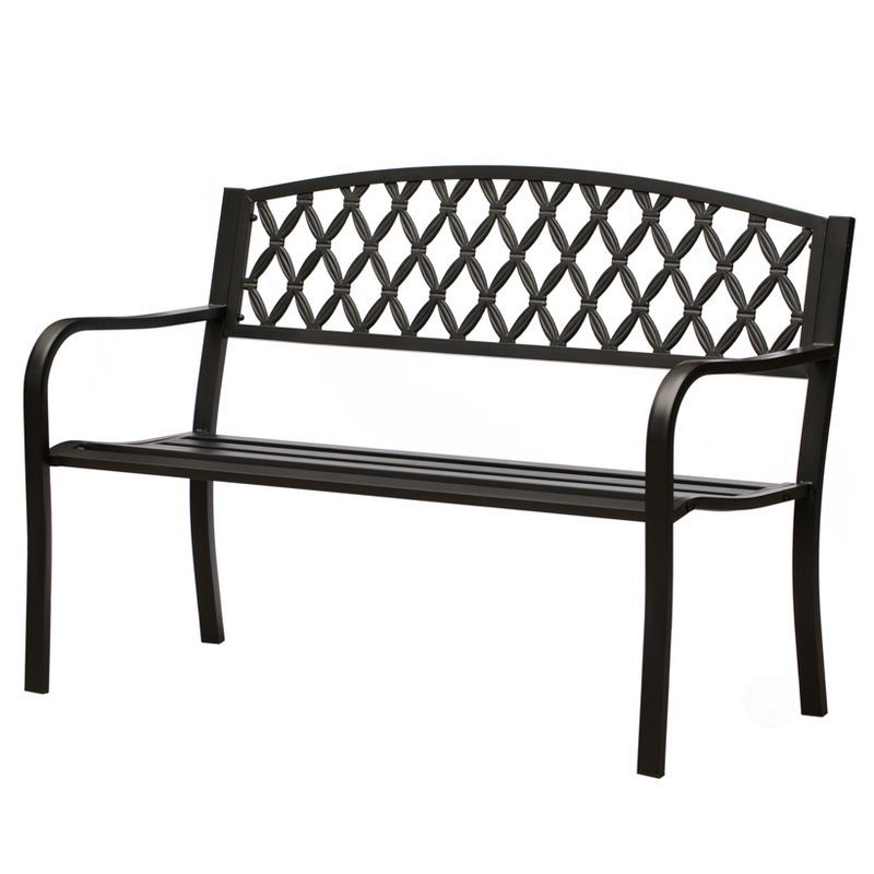 Black Steel Outdoor Garden Bench with Cast Iron Backrest